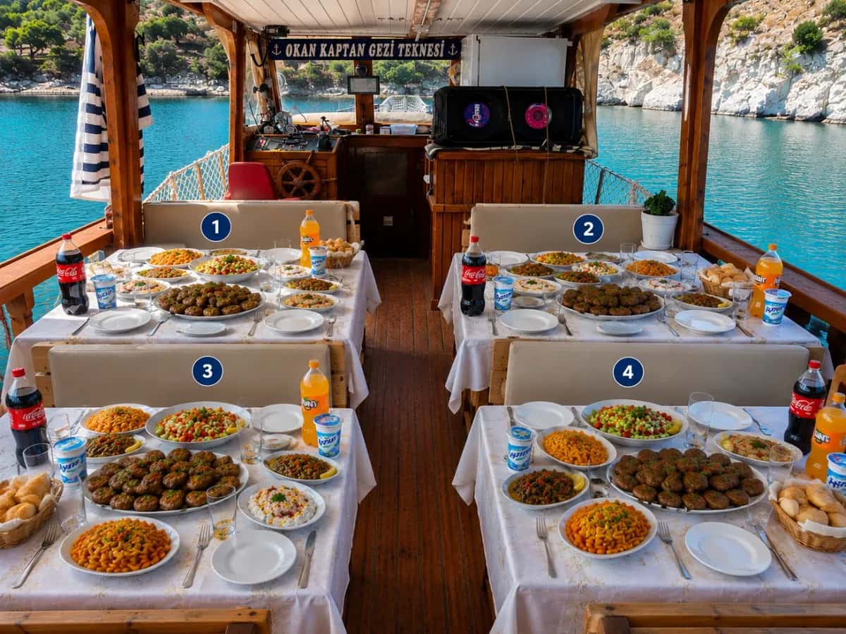 Okan Kaptan teknesinde hazırlanmış yemek masaları